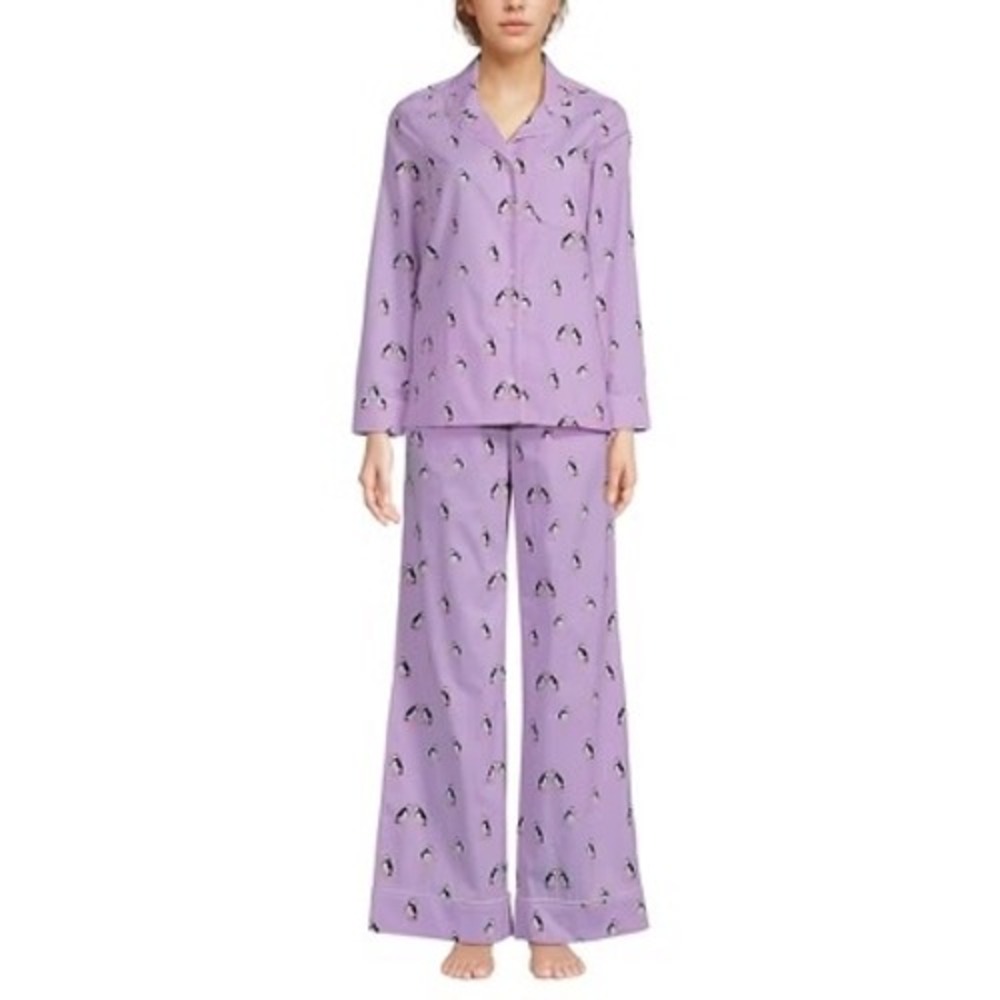 Lands End Pajama Set Women S Purple Puffin Cotton Poplin Button Sleepwear Whimsy